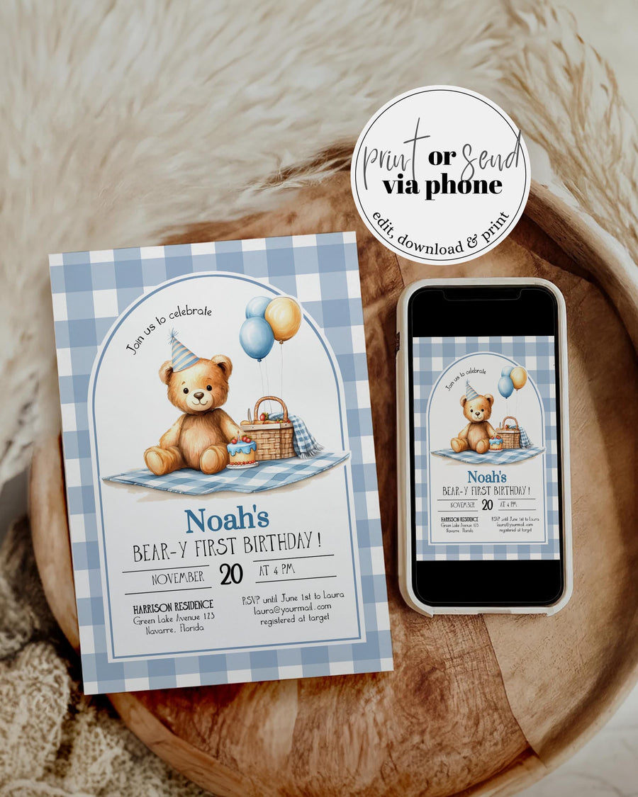Beary First Birthday Invitation Template, Blue Gingham Teddy Bear Picnic Birthday Invite 098BL-BINV - marryful.org