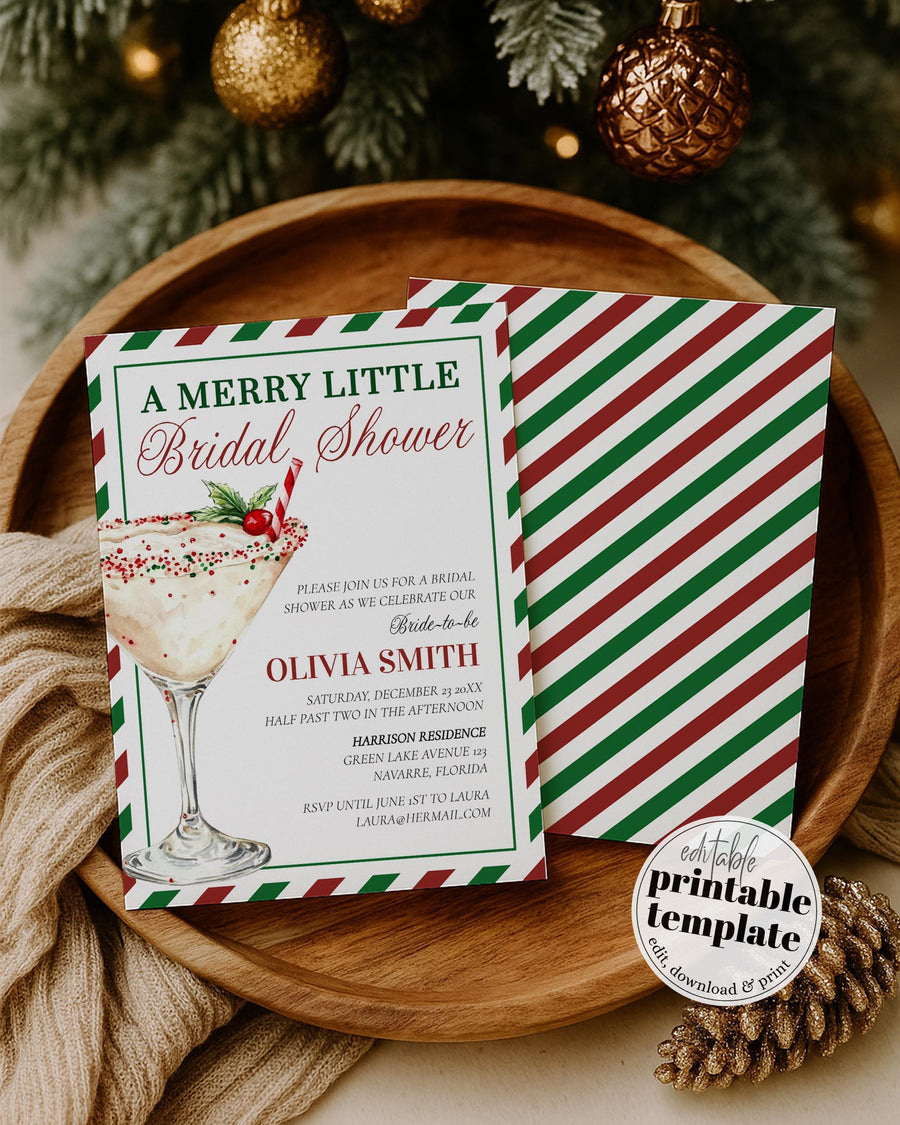 Merry Little Bridal Shower Invitation Template, Red Green Christmas Cocktail Theme #072 - marryful.org