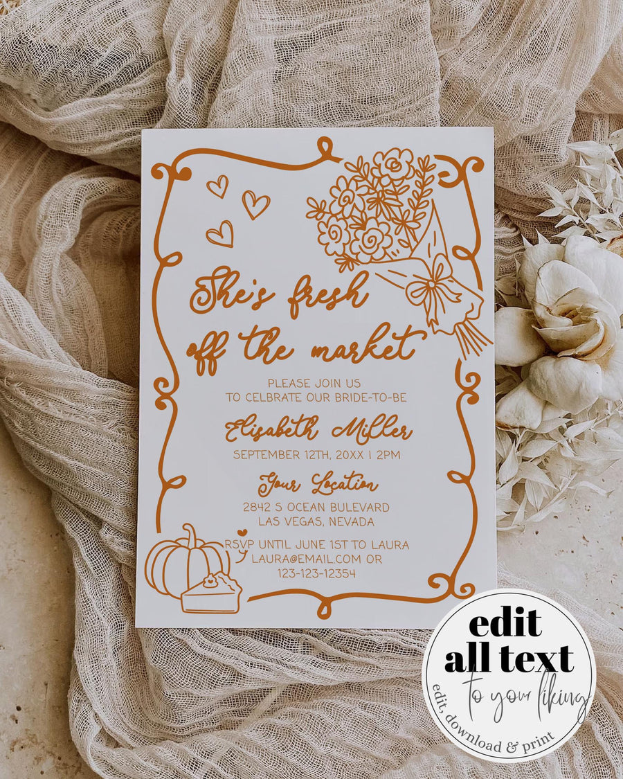 Farmers Market Bridal Shower Invitation Template, Fresh Off the Market, Fall Pumpkin 070FR-BRSINV - marryful.org