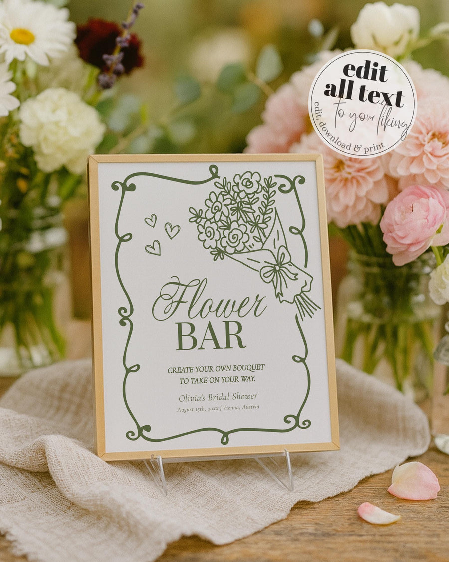 Green Flower Bar Sign Template: Editable Bridal Shower Decor (Digital Download) #069 - marryful.org