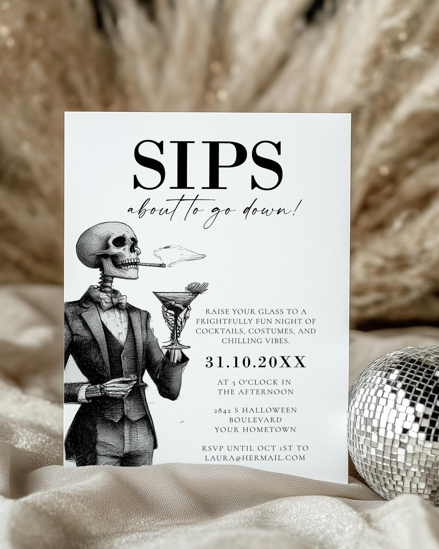 Sips About To Go Down Invitation, Skeleton Cocktail Party, Gothic Printable Editable Template 057HW-INV4