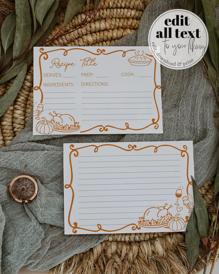 Custom Friends Thanksgiving Potluck Recipe Card Template Whimsical Handwritten Pumpkin Editable Invitation 070FR-RECA - marryful.org
