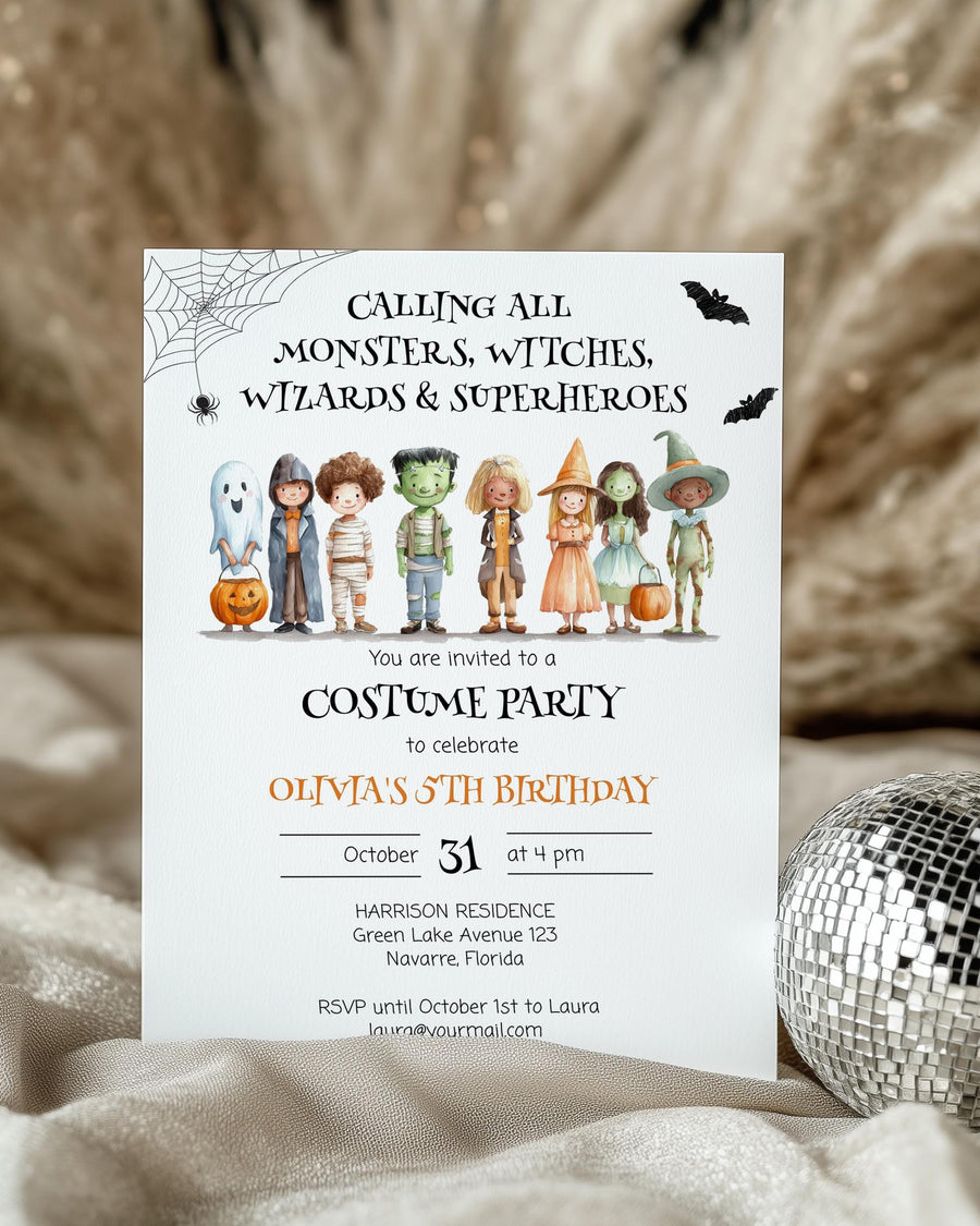 Cute Halloween Kids Birthday Invitation Template, Costume Party Printable #070 - marryful.org