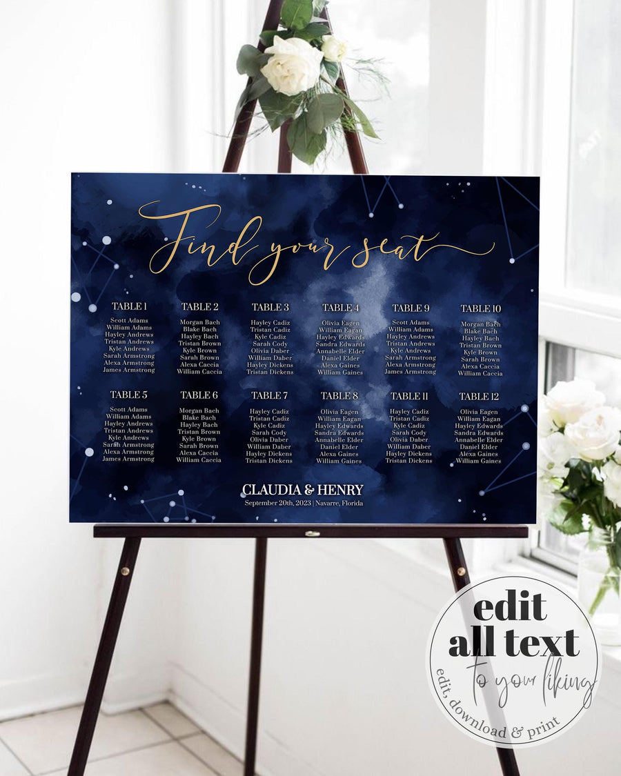 Celestial Seating Chart Template, Constellation Star Wedding Reception Sign 066CE-SEAT - marryful.org