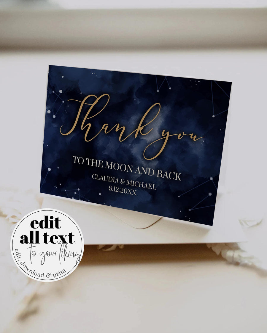 Celestial Wedding Thank You Card Template, Navy Gold Starry Night Printable 066CE-THCA - marryful.org