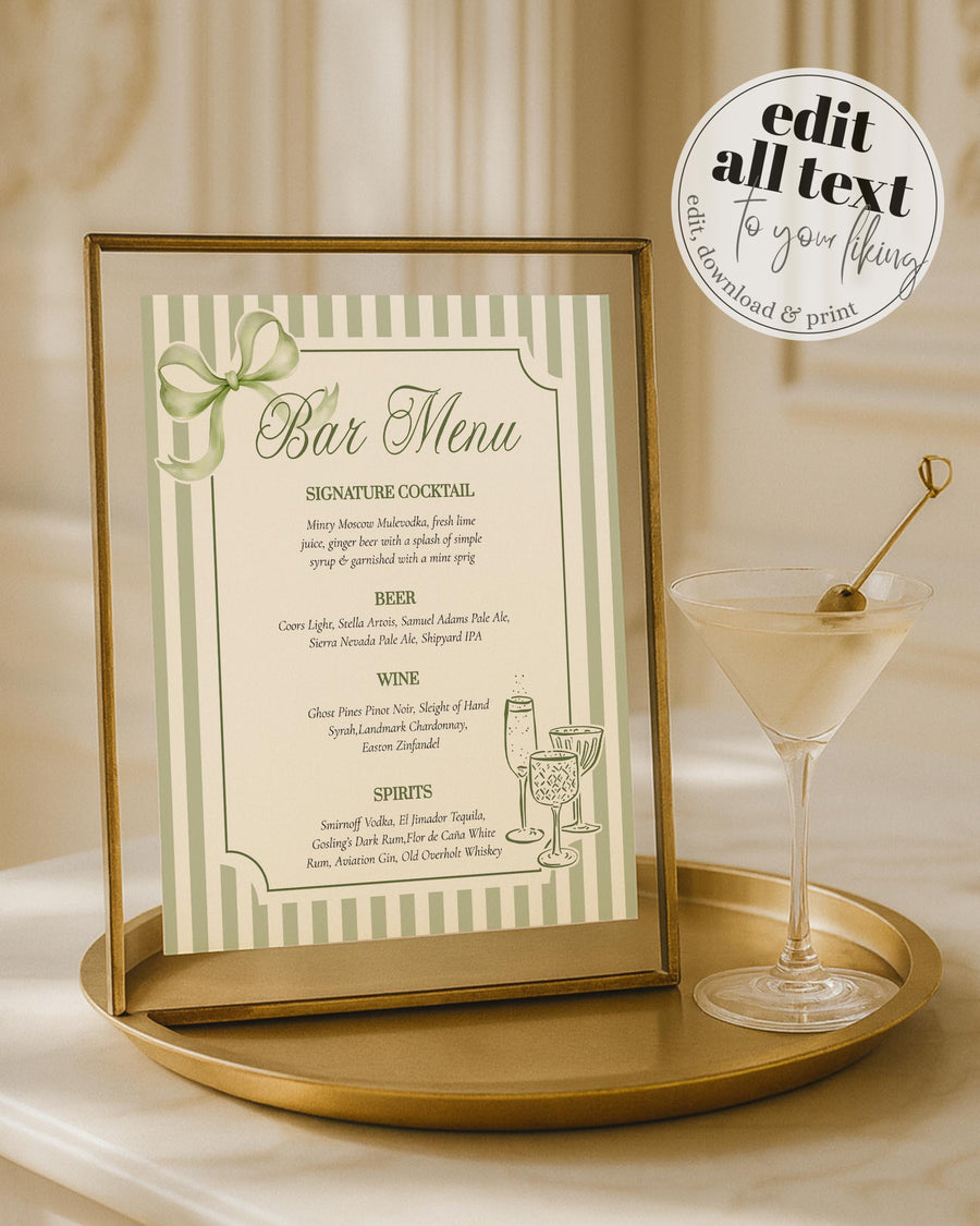 Sage Green Cocktail Menu Template, Bar Menu Sign for Wedding Reception 069GR-BAME - marryful.org