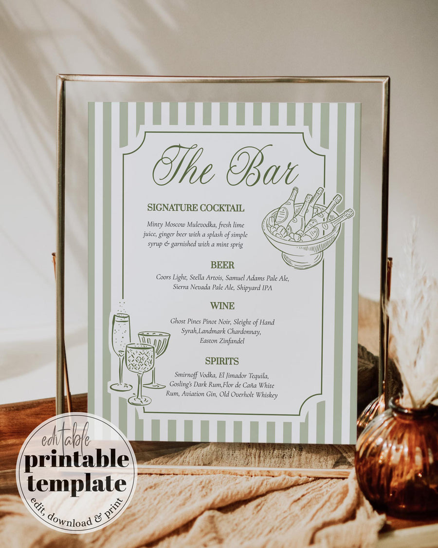 Sage Green Wedding Bar Menu Template, Vintage Cocktail Sign for Reception 069GR-BAME - marryful.org