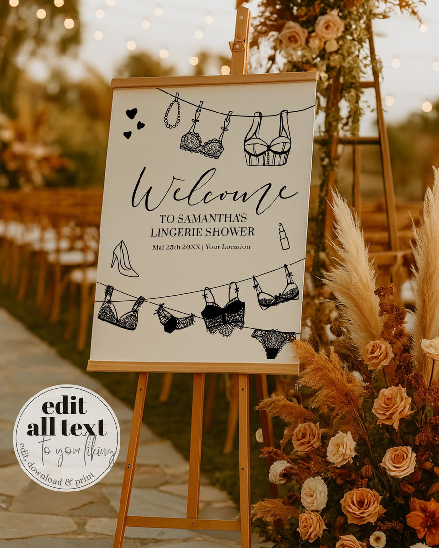 Lingerie Bridal Shower Welcome Sign Dessous Bachelorette Party Poster Editable Template 013LI-WLCM - marryful.org