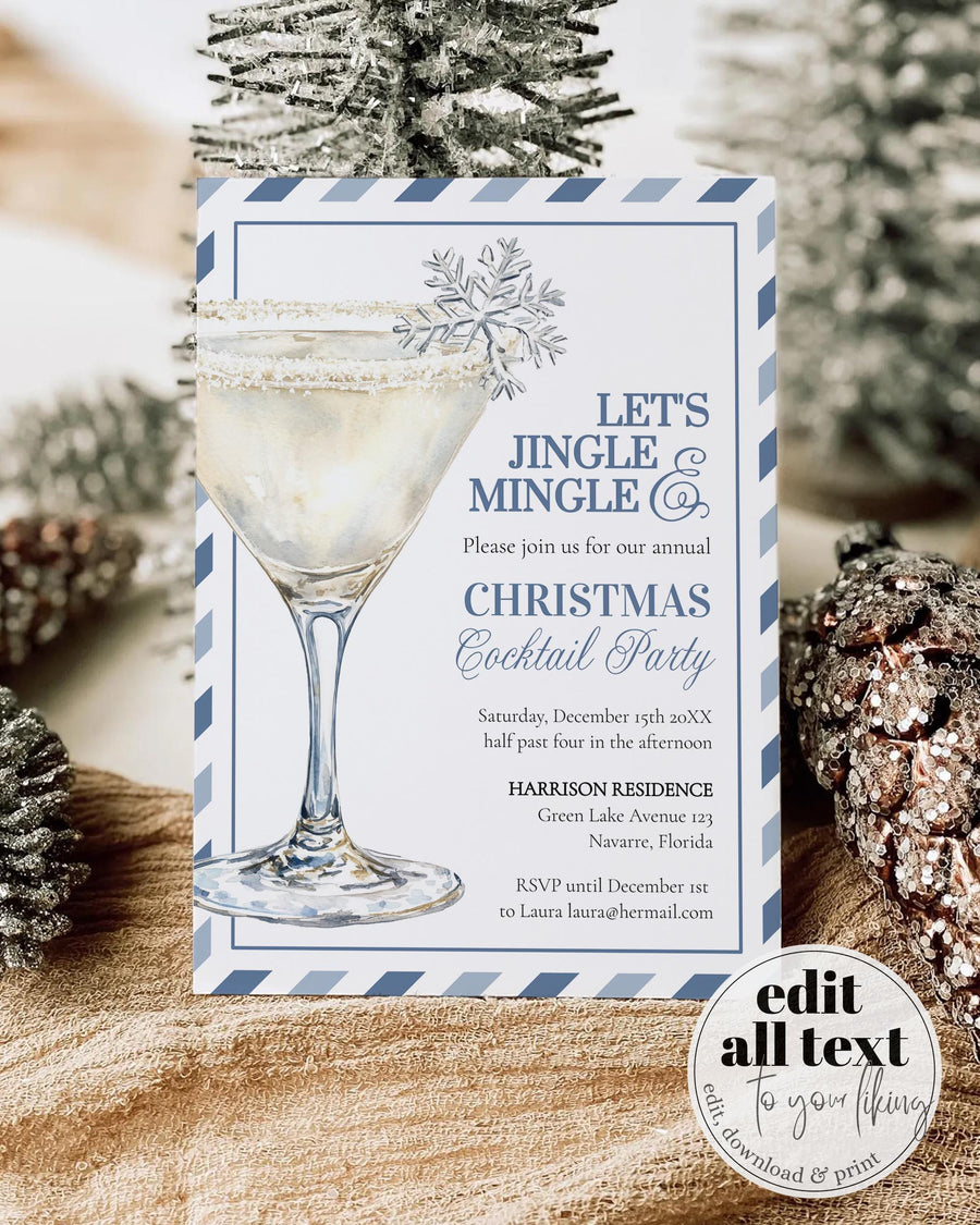 Snowflake Christmas Cocktail Party Invitation Template, Elegant Winter Martini Invite 090SNO-CCPINV - marryful.org
