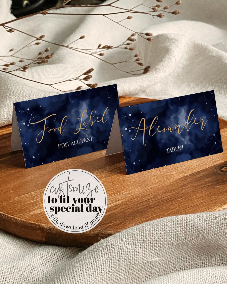 Celestial Wedding Place Card Template, Navy Gold Starry Night Printable #066 - marryful.org