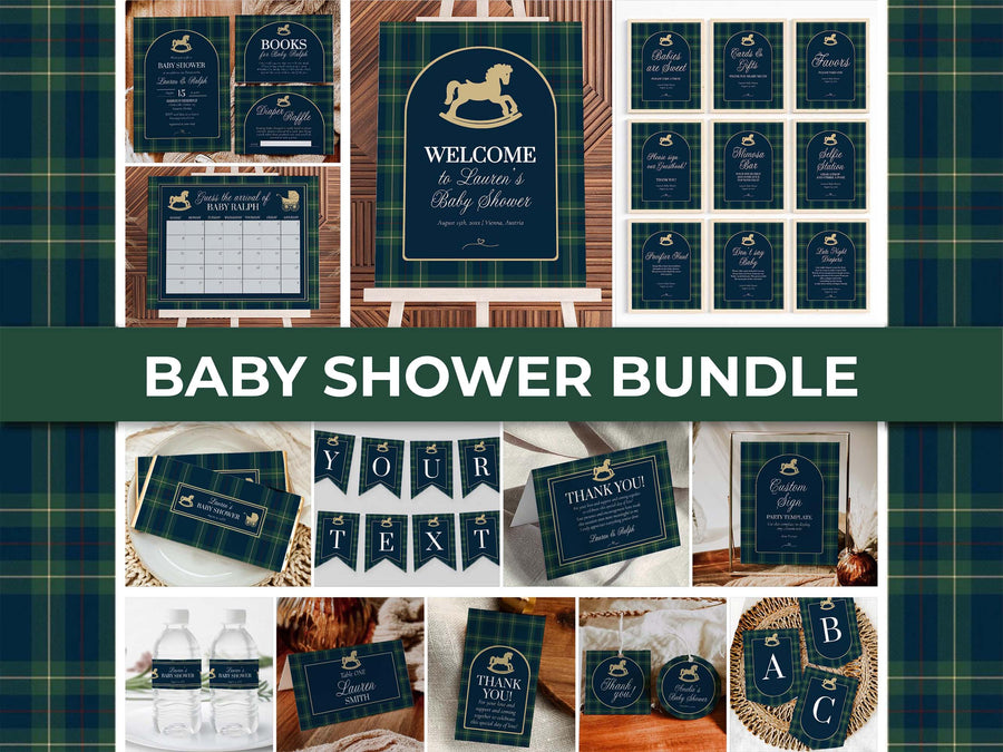 Vintage Baby Shower Bundle, Navy Green Gold Rocking Horse Invitation Matching Décor Set - marryful.org