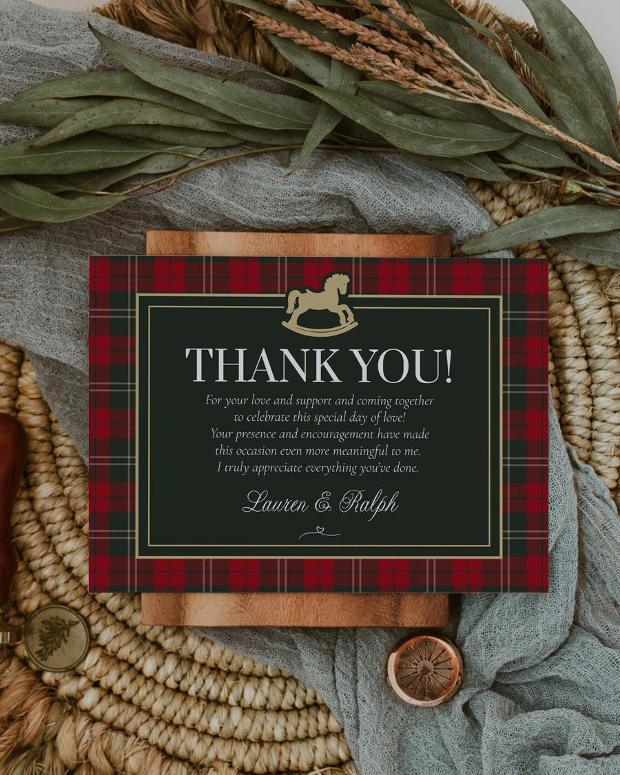 Red and Green Rocking Horse Baby Shower Thank You Card Template 068CH-THCA - marryful.org