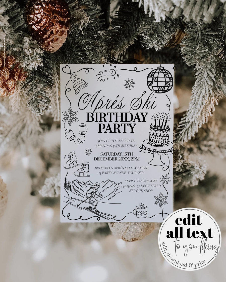 Winter Après-Ski Birthday Invitation, Handwritten Doodle Ski Party Invite #070 - marryful.org