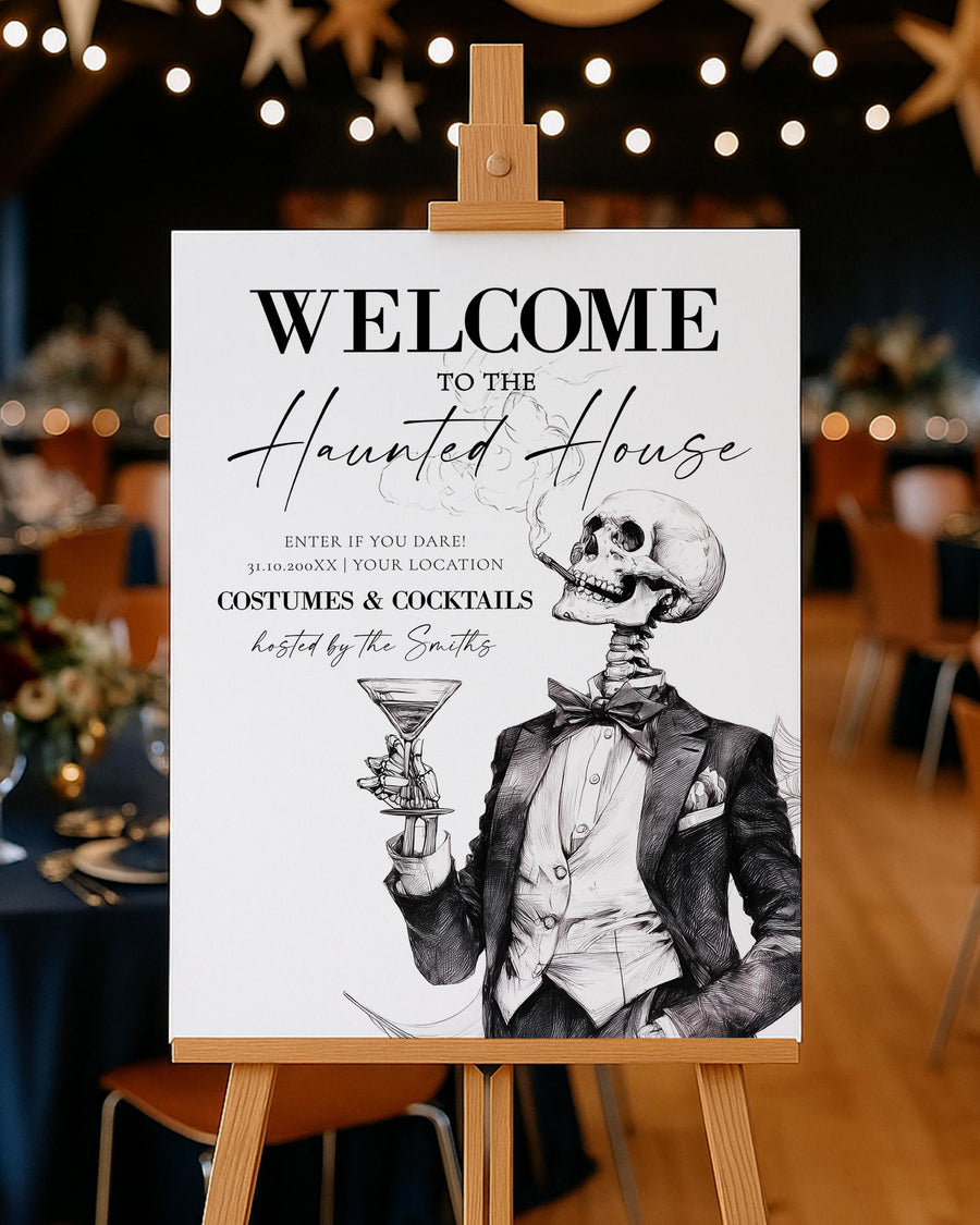 Halloween Welcome Sign, Gothic Haunted House Party Poster, Skeleton Cocktail Printable Editable Template 057HW-WLCM