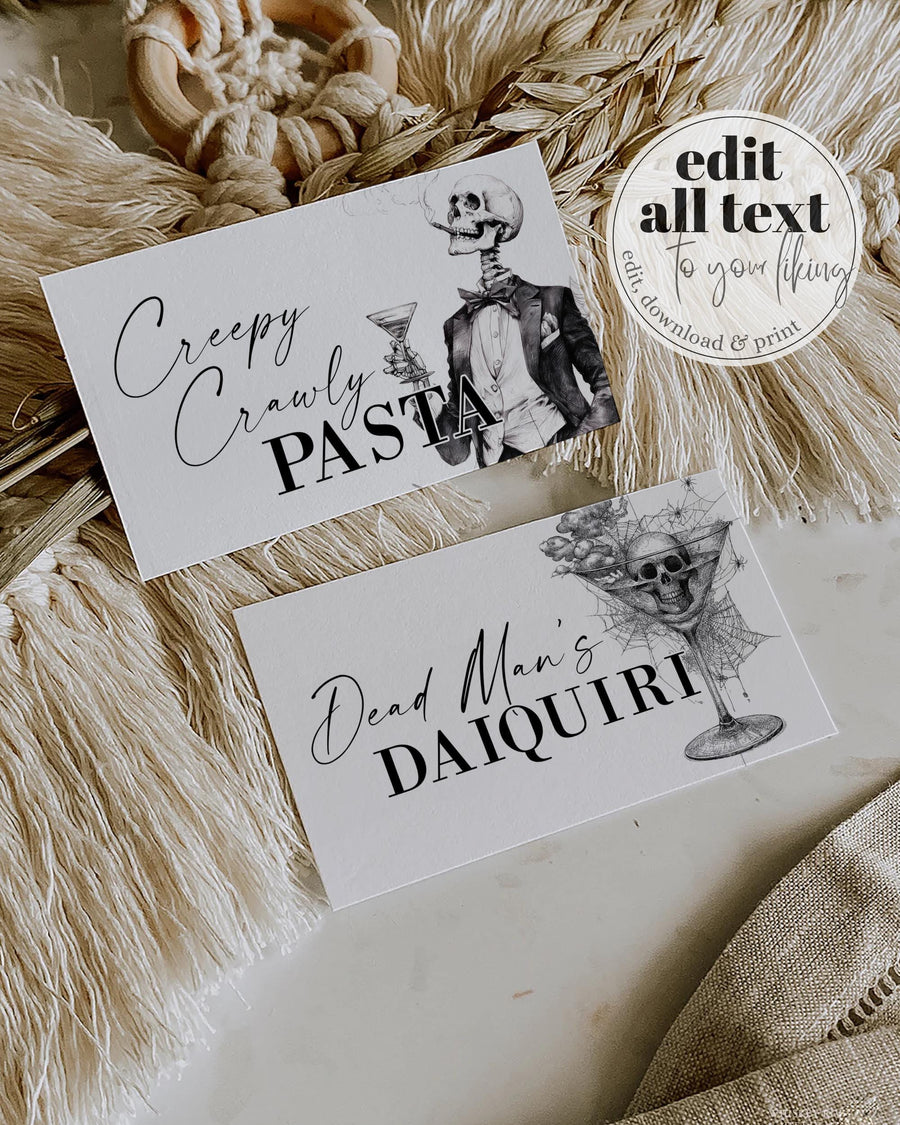 Halloween Food Labels, Gothic Place Cards, Skeleton Cocktail Party Buffet Printable Editable Template 057HW-PLCA