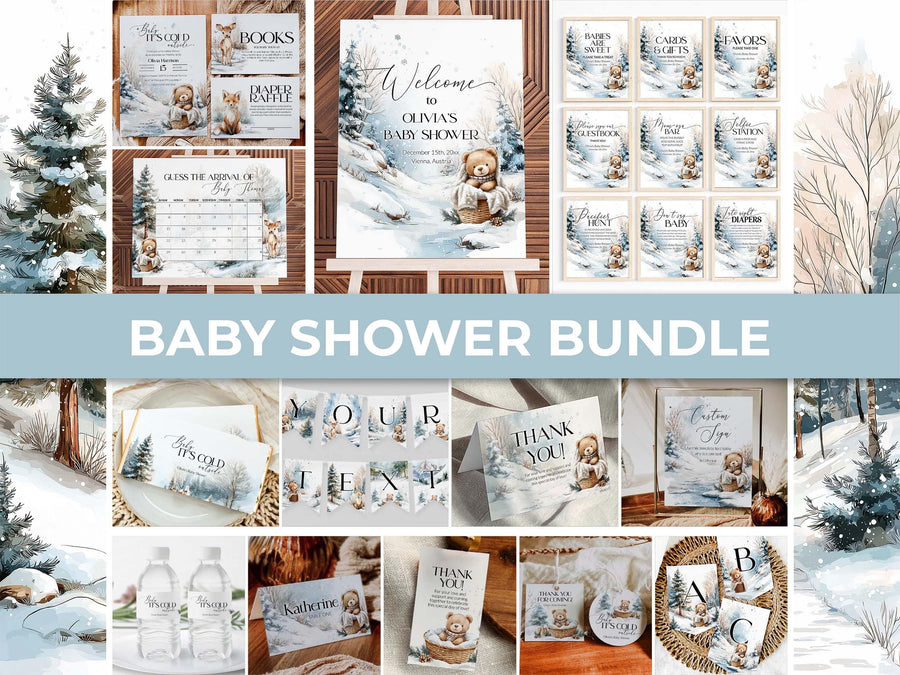 Winter Teddy Bear Baby Shower Invitation Bundle, Neutral Editable Templates 094BE-BSINV