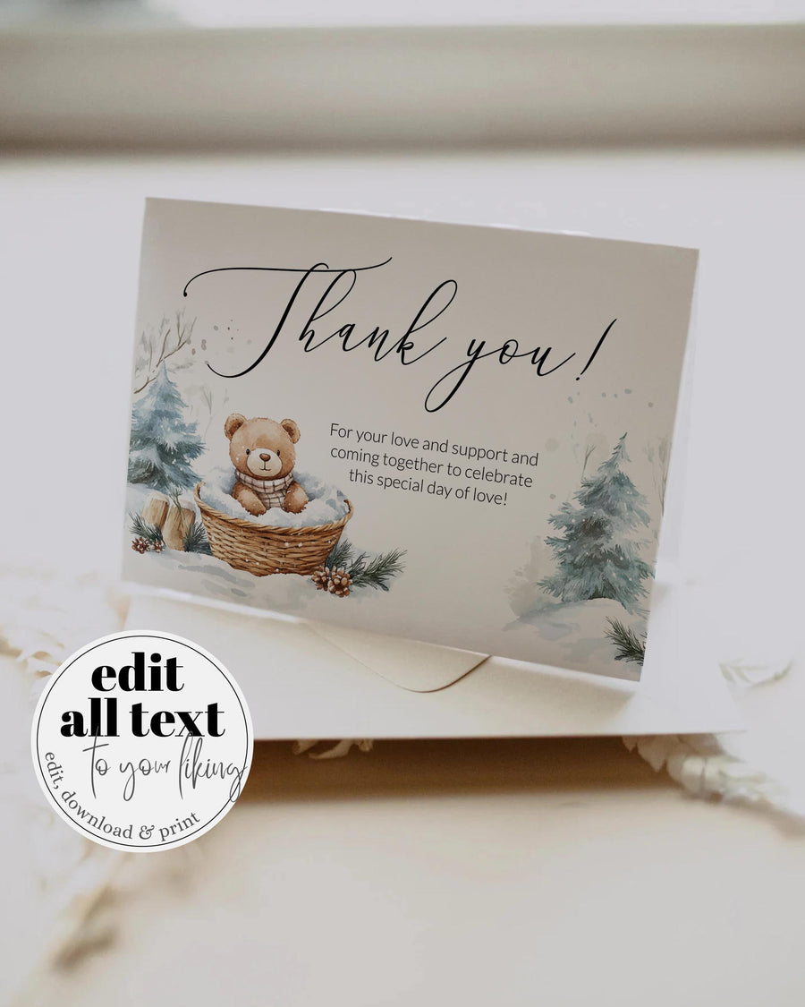 Winter Teddy Bear Baby Shower Thank You Card, Editable Flat and Folded Template 094BE-THCA