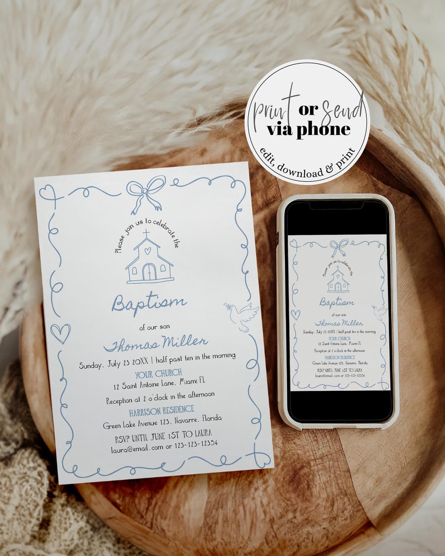 Blue Baptism Invitation Baby Boy Christening Editable Template Doodle Frame 070BL-BAPINV - marryful.org