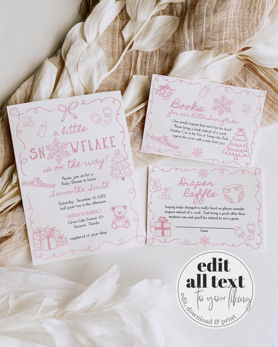 Pink Winter Baby Shower Invitation Suite Snowflake Baby Girl Invite Editable Template #070 - marryful.org