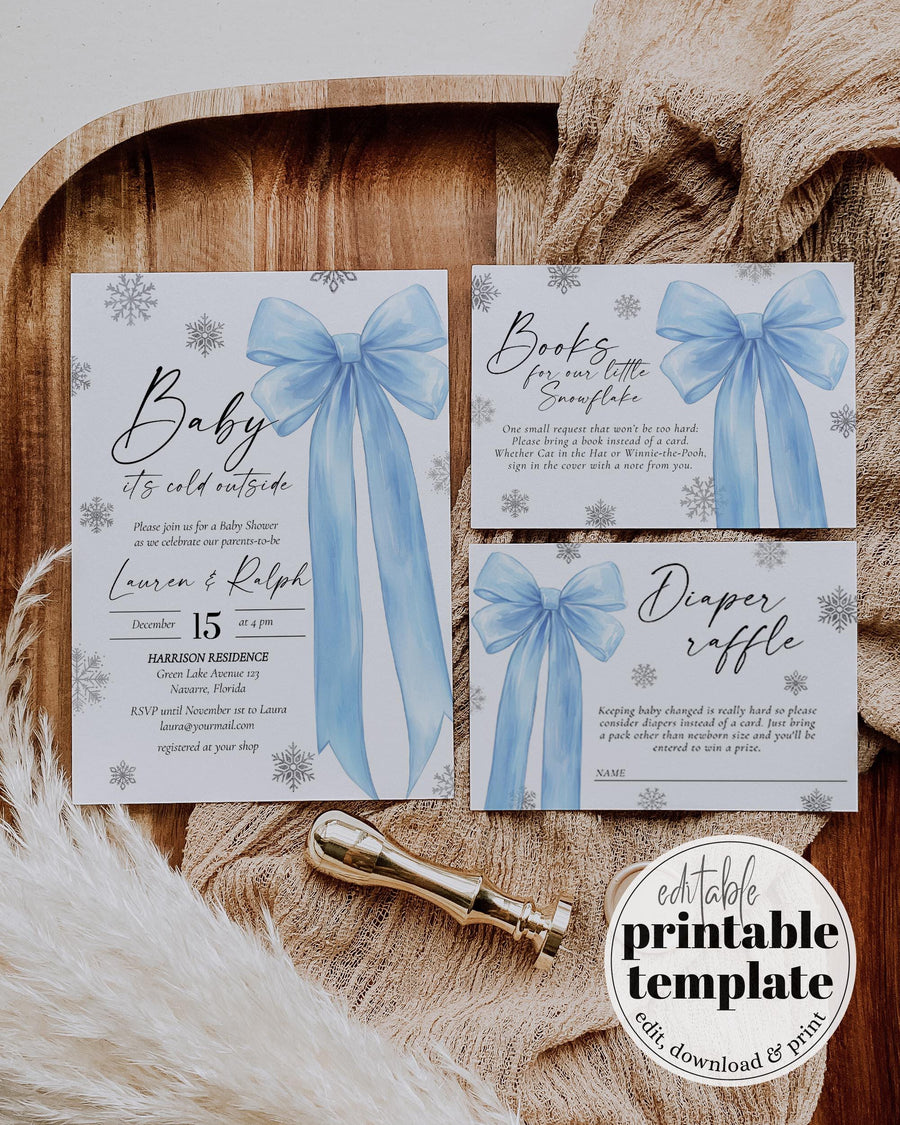 Blue Snowflake Baby Shower Invitation, Baby Its Cold Outside Winter Boy Editable Template 095BL-BSINV2