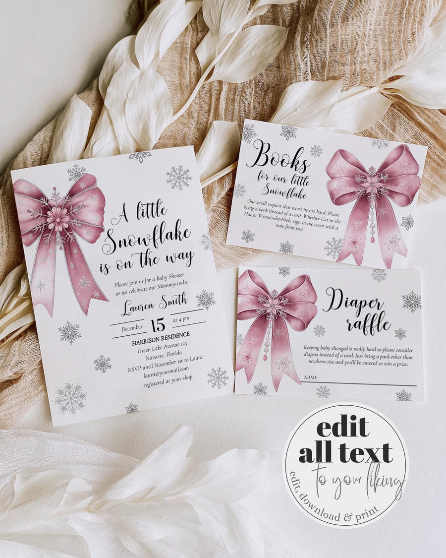 Pink Snowflake Baby Shower Invitation Suite A Little Snowflake Is On The Way Girl Template #072 - marryful.org
