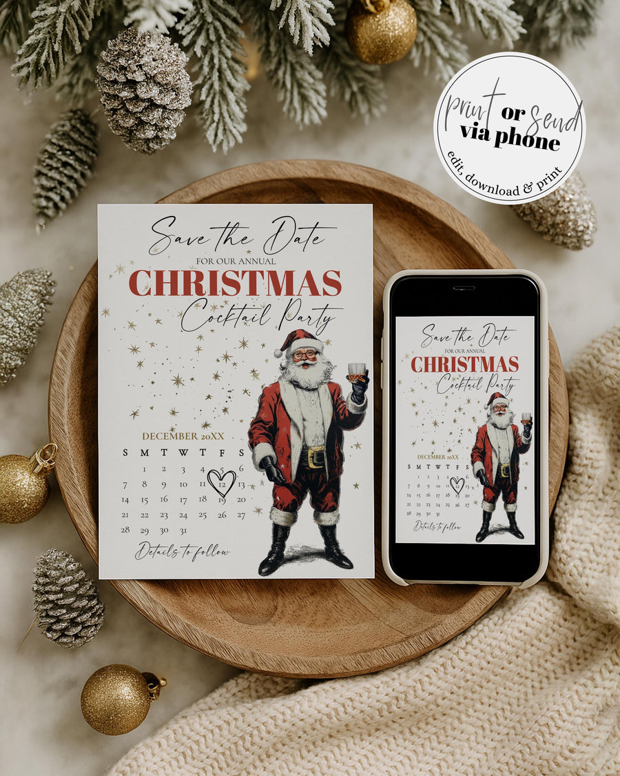 Santa Martini Save The Date Calendar Editable Christmas Cocktail Party Template 028SA-STDCAL - marryful.org