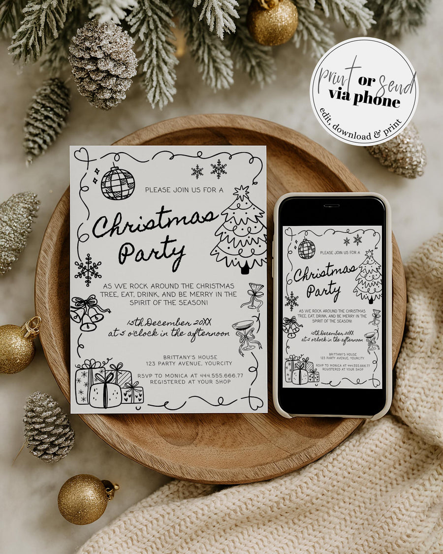 Funky Christmas Party Invitation, Hand Drawn Holiday Gathering with Wavy Frames Editable Template 070BW-PAINV