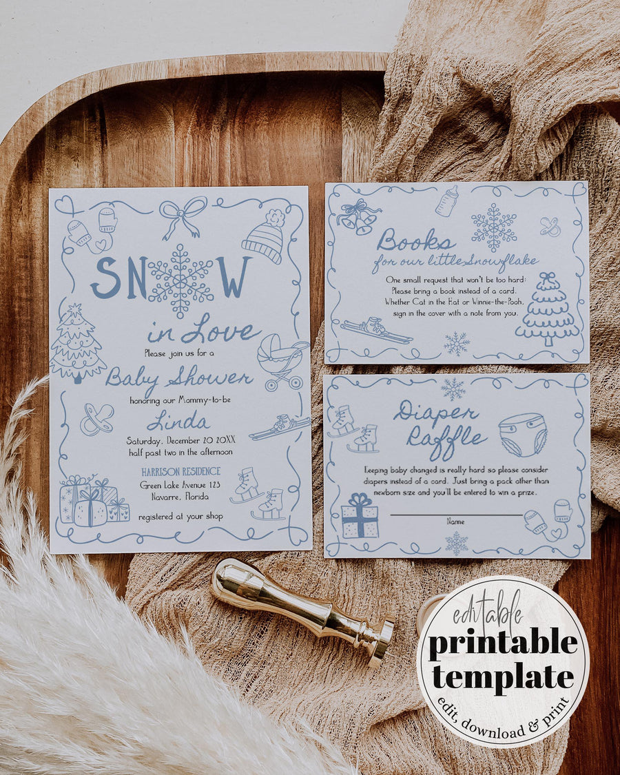 Host a fun winter celebration with this Snow in Love baby shower invitation in blue. Features hand-drawn doodles, snowflakes, and a cozy aprรจs-ski vibe โ perfect for baby boys and winter showers before Christmas. Editable template in Corjl, printable instantly.