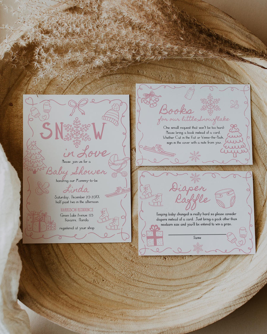 Snow in Love Baby Shower Invitation, Pink Snowflake Apres Ski Girl Editable Template 070PW-BSINV
