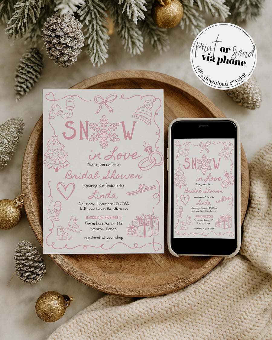 Celebrate love on the slopes with this pink Snow in Love winter bridal shower invitation. A whimsical snowflake, hand-drawn doodles, and a playful handwritten font create the perfect cozy après-ski theme before Christmas. Instantly editable and printable in Corjl.
