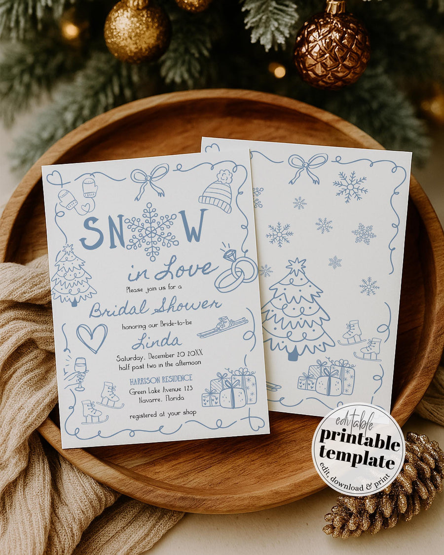 A chic winter invitation for an aprรจs-ski bridal shower. This blue Snow in Love design features playful doodles, a big snowflake, and a handwritten font โ perfect for pre-Christmas celebrations. Editable in Corjl and easy to print at home or locally.