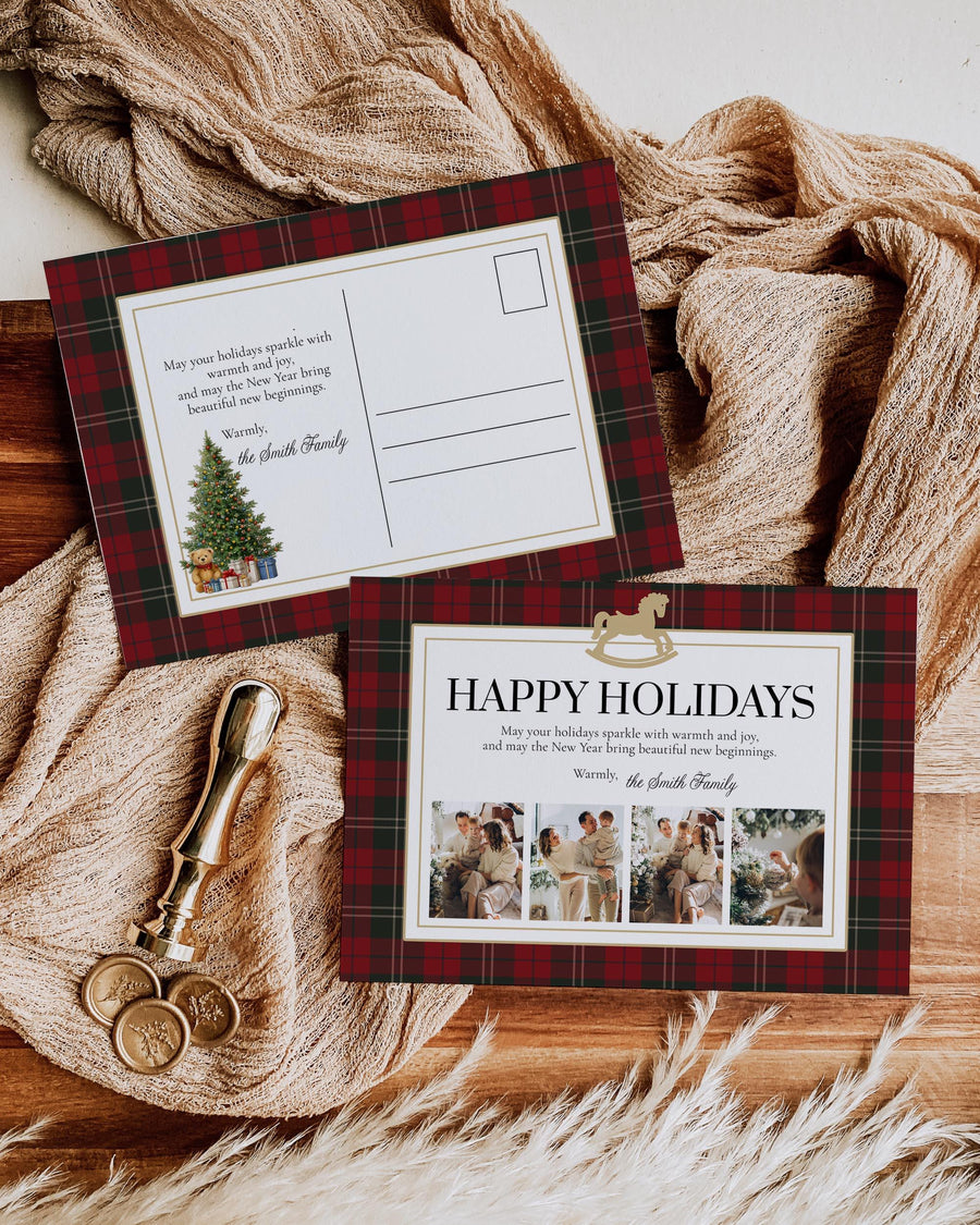Holiday Photo Card Red Green Tartan Teddy Bear Rocking Horse Winter Family Template 068CH-POHCA - marryful.org