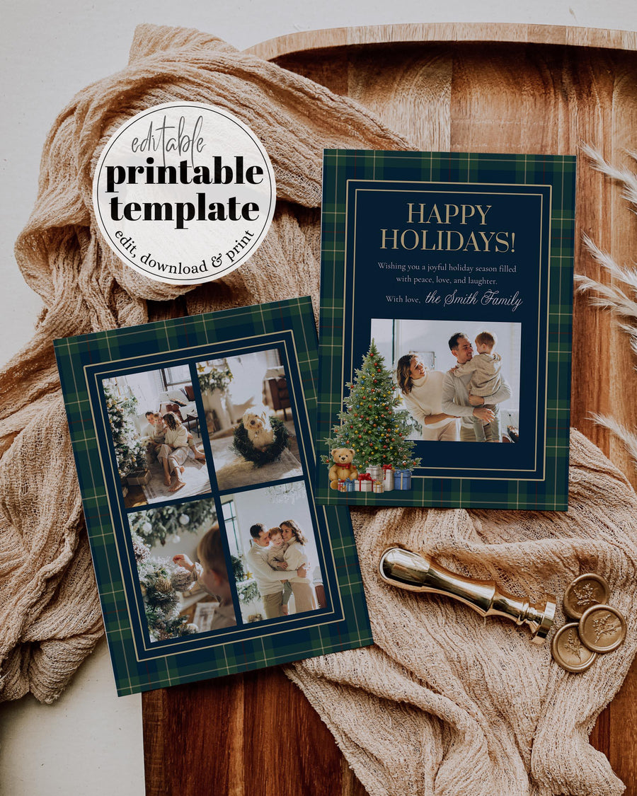 Tartan Christmas Photo Card Template, Vintage Holiday Teddy Bear Card Set 6 Designs 068RL-POHCA - marryful.org