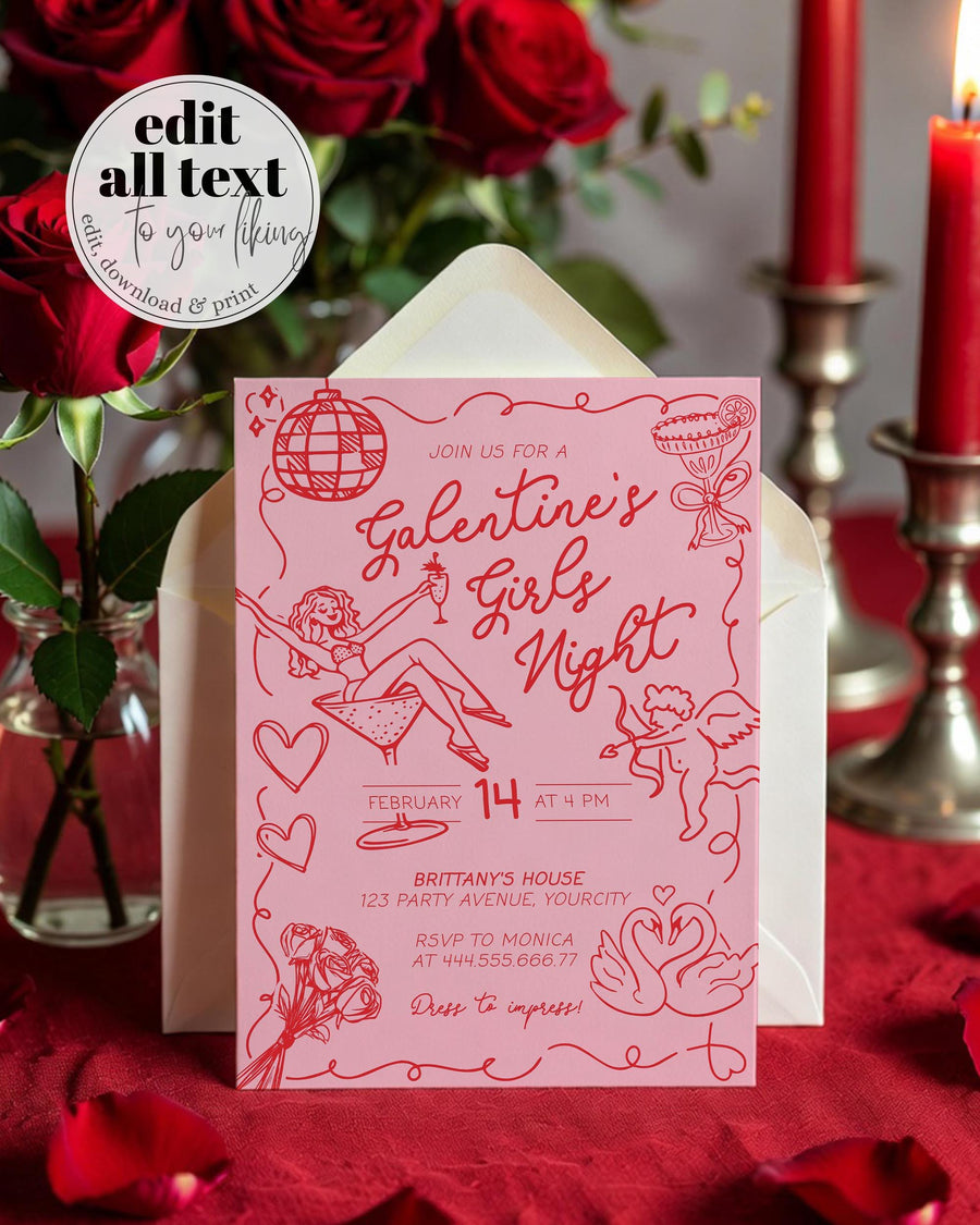 Galentines Day Girls Night Invitation Funky Doodle Pink Red Valentines Party Invite Template #070 - marryful.org