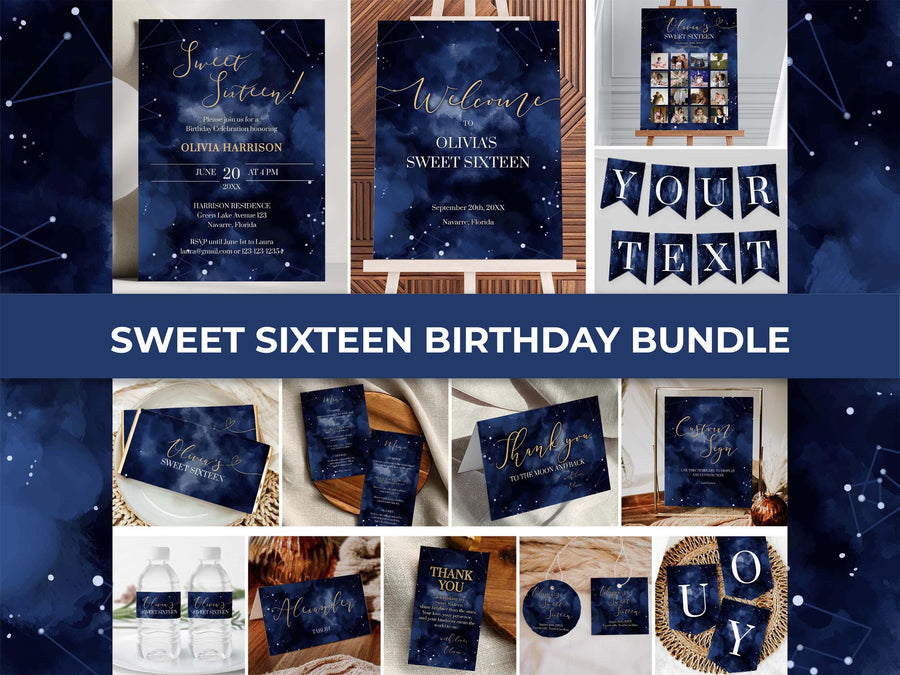 Celestial Sweet 16 Invitation, Starry Night Quinceañera Birthday Editable Party Template Bundle 066CE-BBUNDLE - marryful.org