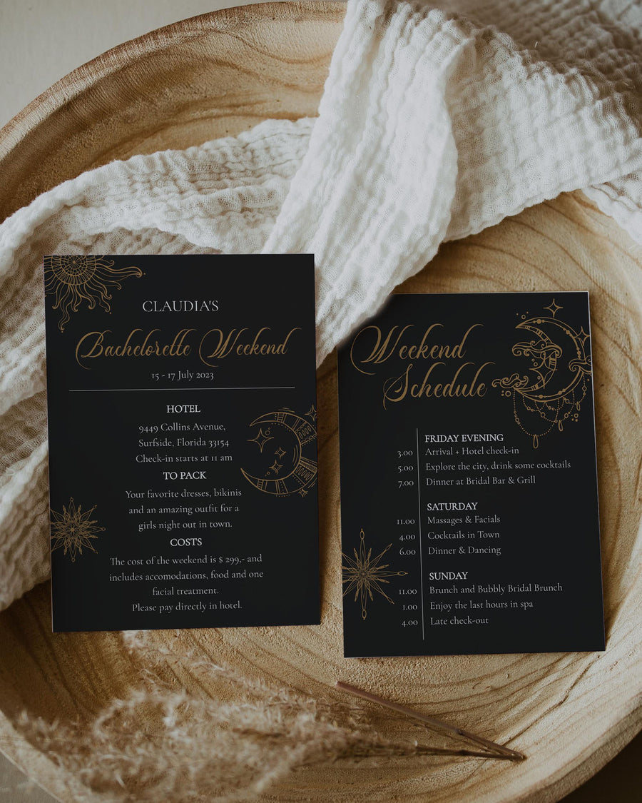 Witchy Bachelorette Weekend Itinerary Starry Galaxy Bridal Shower Invitation Schedule Editable Template 062CE-BACHINV - marryful.org
