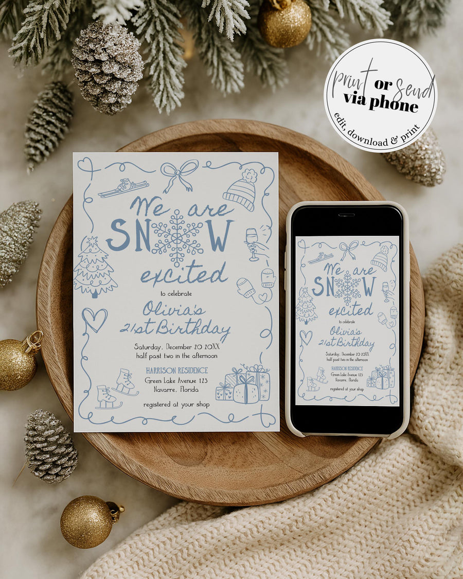 Snow Excited Birthday Invitation, Quirky Winter Doodle Party Invite Blue White Template #070 - marryful.org