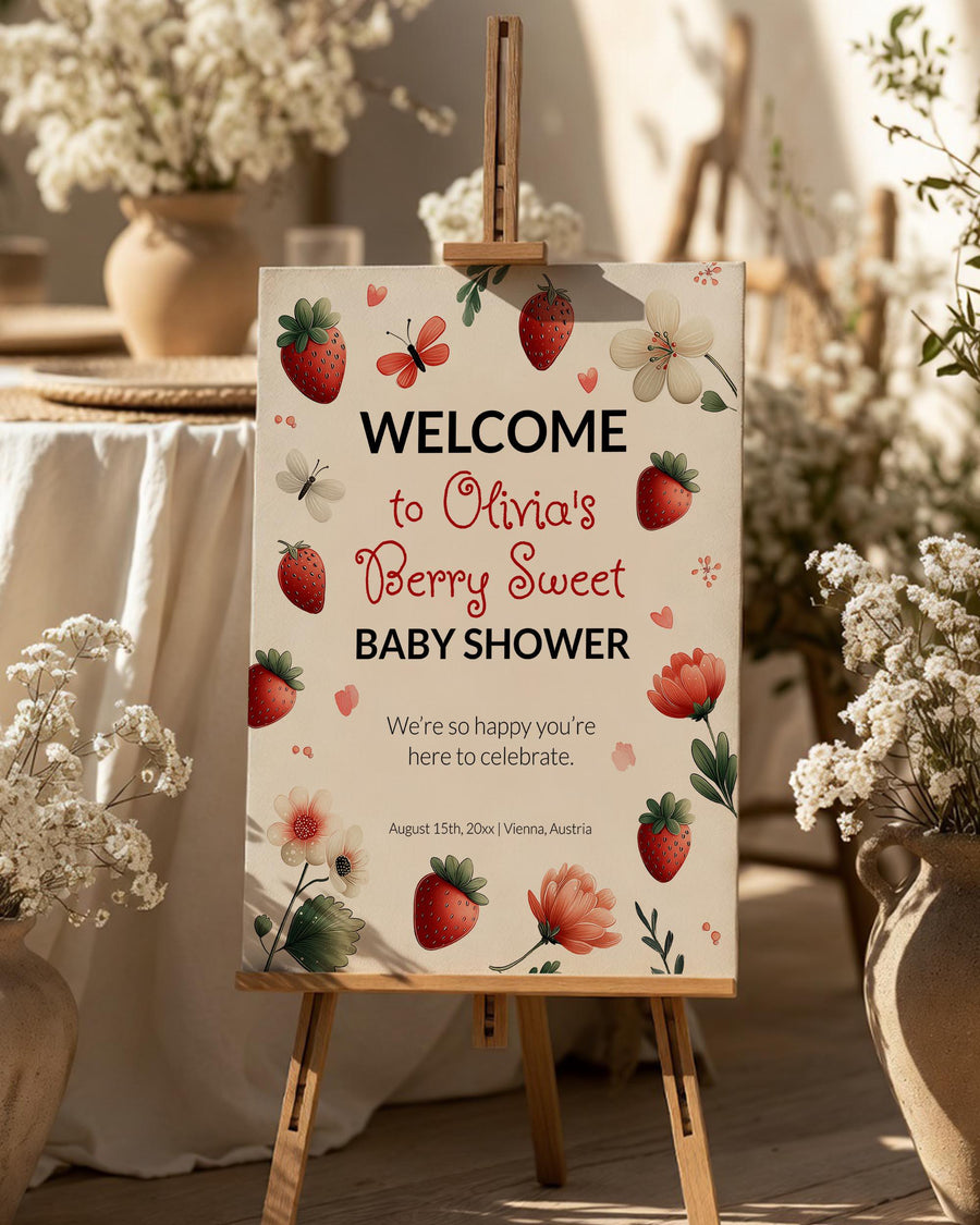 Strawberry Baby Shower Welcome Sign, Little Berry Party Entrance Decor Template 099SW-WLCM - marryful.org