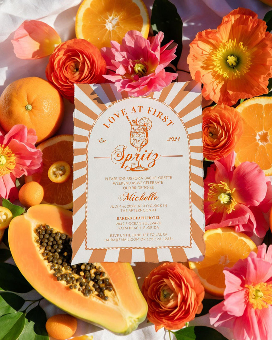 Italian Spritz Bachelorette Itinerary, Love at First Spritz Weekend Party Template 027AS-BACHINV - marryful.org