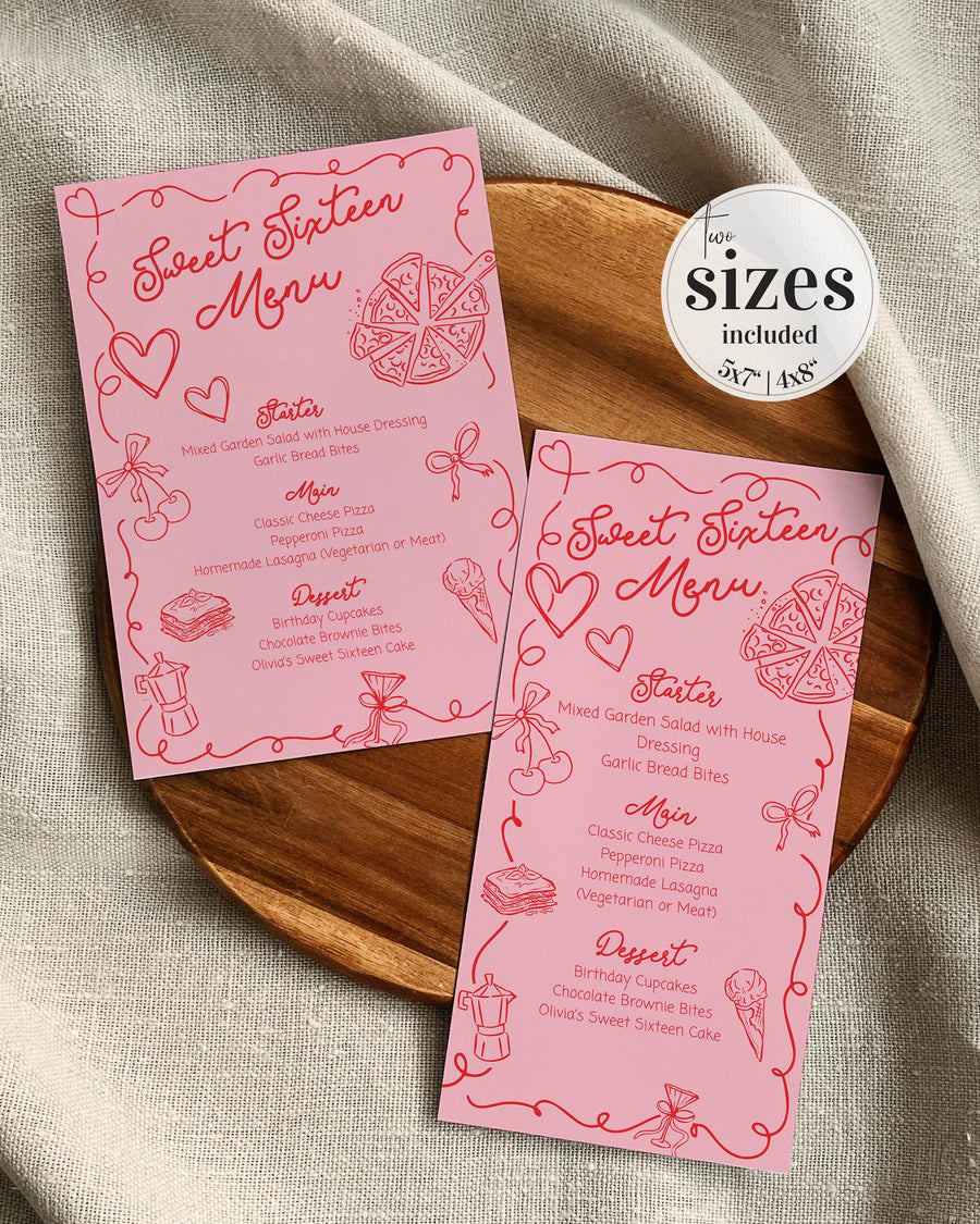 Sweet Sixteen Menu Card Template, Pink Red Quirky Doodle Birthday Dinner Menu Printable Design #070 - marryful.org