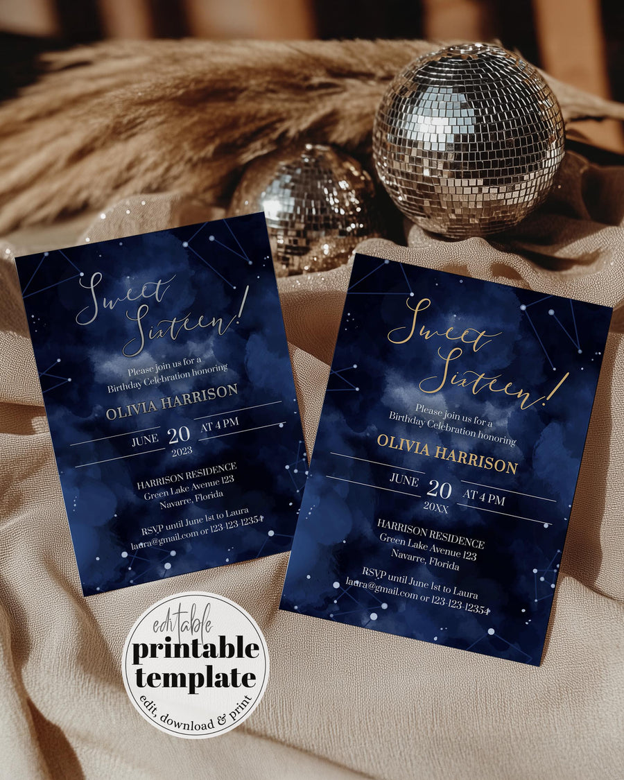Celestial Sweet 16 Invitation Template, Starry Night Birthday or Quinceañera Editable Party 066CE-BINV - marryful.org