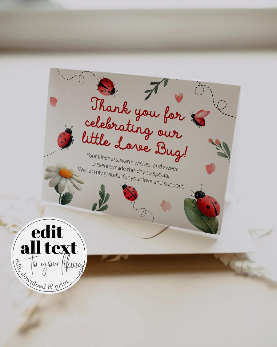 Lady Bug Baby Shower Thank You Card Template, Lovebug Daisy Printable Note 099LB-THCA - marryful.org