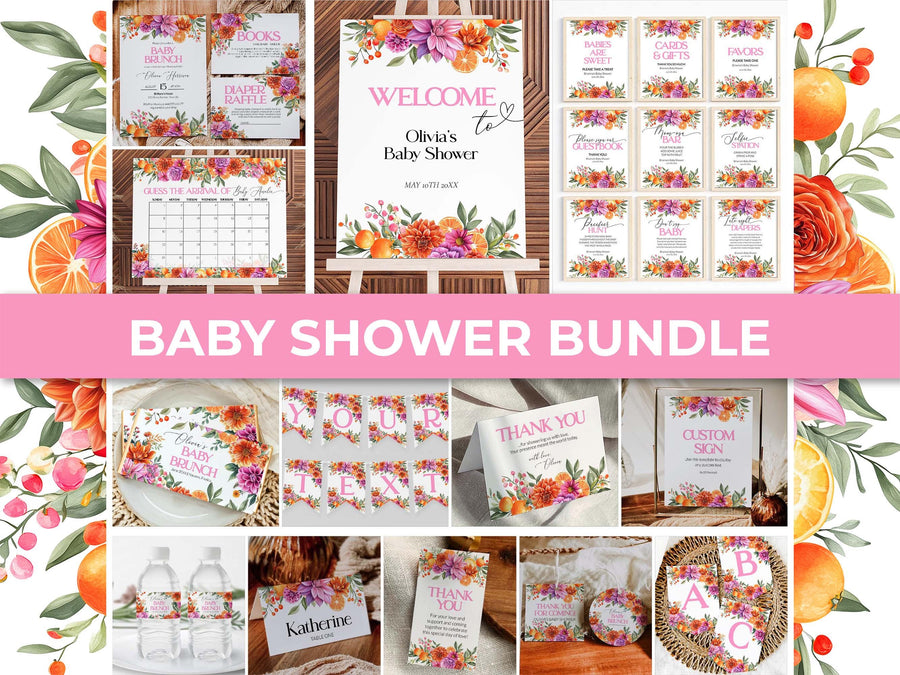 Little Cutie Citrus Baby Shower Bundle Template, Pink Orange Floral Invitation and Decor 011PO2-BSBUNDLE - marryful.org