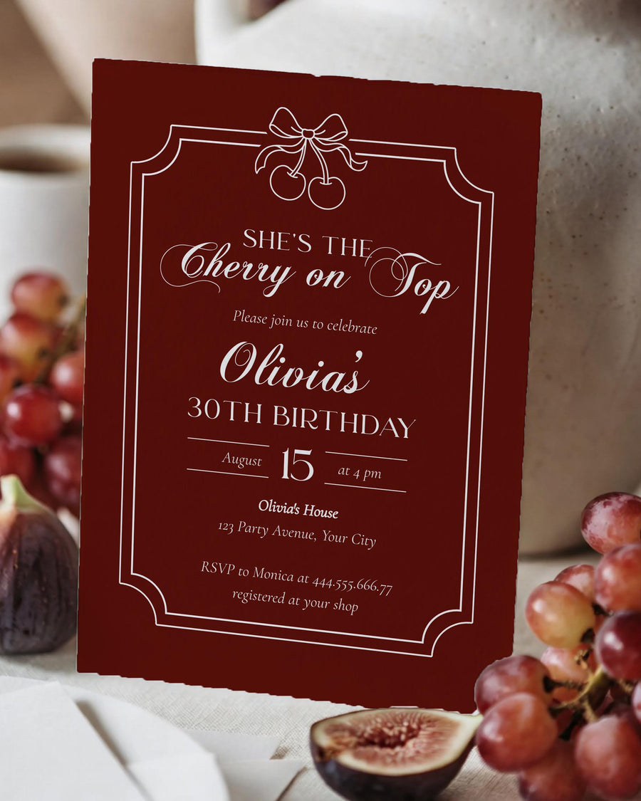 Cherry on Top Birthday Invitation, Old Money Burgundy Velvet Luxury Party Template 080-BIRINV2 - marryful.org