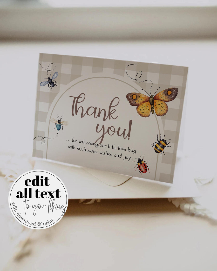 Love Bug Baby Shower Thank You Card Template, Green Gingham Bug Theme 101LB-THCA-BE - marryful.org