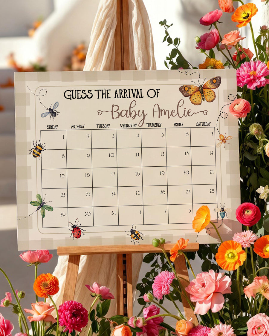 Lovebug Guess Baby’s Arrival Game Sign, Butterfly Bug Baby Shower Due Date Template 101LB-GUDD-BE - marryful.org