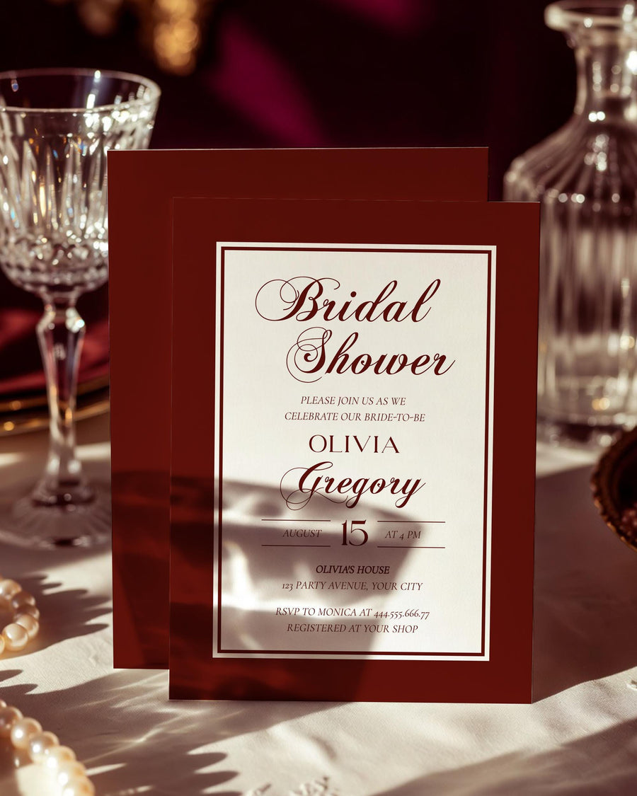 Burgundy Velvet Bridal Shower Invitation, Old Money Luxury Vintage Frame Template #080 - marryful.org