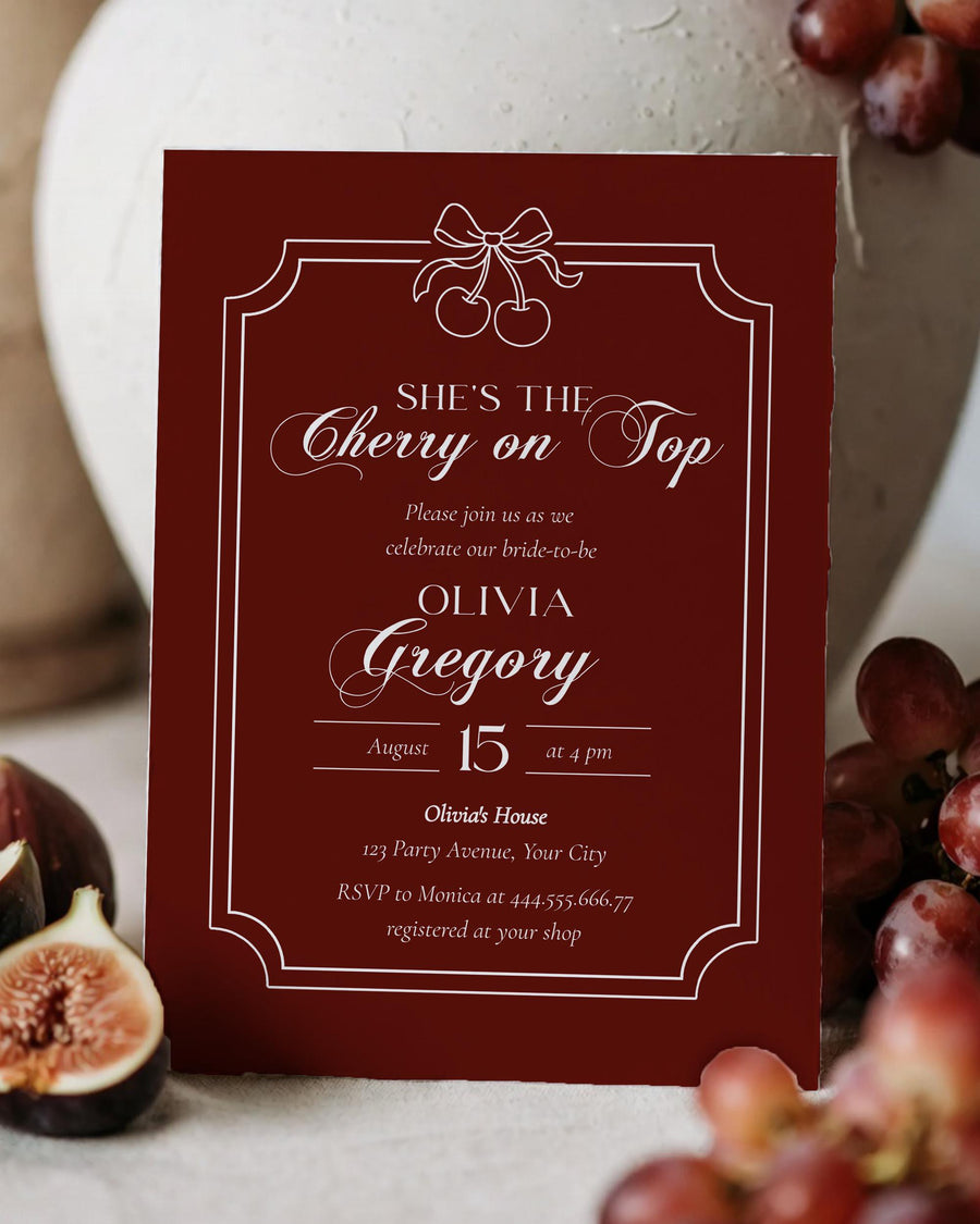Cherry on Top Bridal Shower Invitation, Old Money Luxury Burgundy Velvet Template 080-BRINV2 - marryful.org