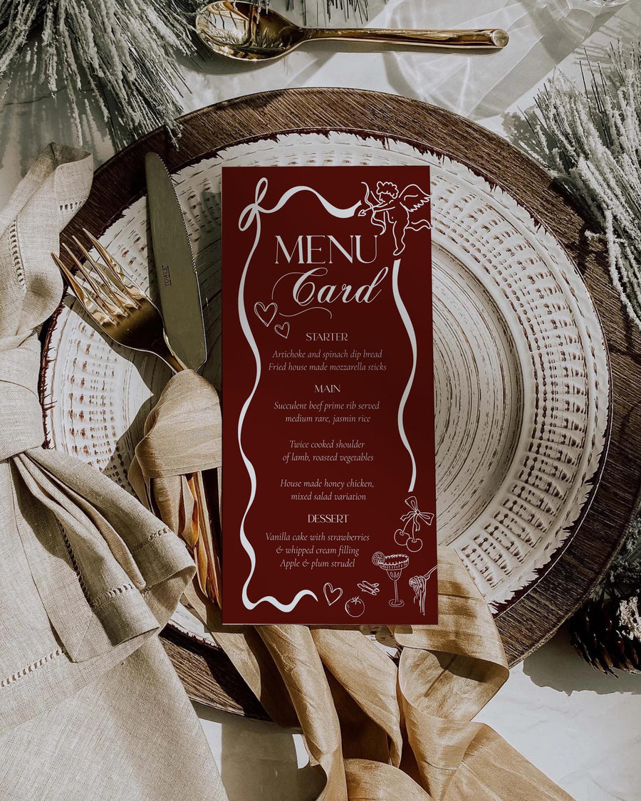 Galentineās Day Menu Cards, Burgundy Valentine Dinner Menu Printable Editable Menu Card Template - marryful.org