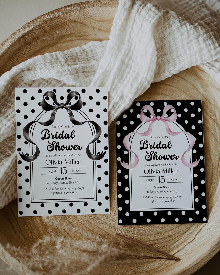 Polka Dot Bridal Shower Invitation, Spotted Retro Shower Invite Editable Black or White 083BW-BRSINV - marryful.org